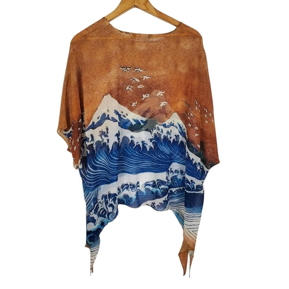 Women's Jade Boho Blouse. Brown w/ Blue Wave. Oversized and Flowy. S/M. #319